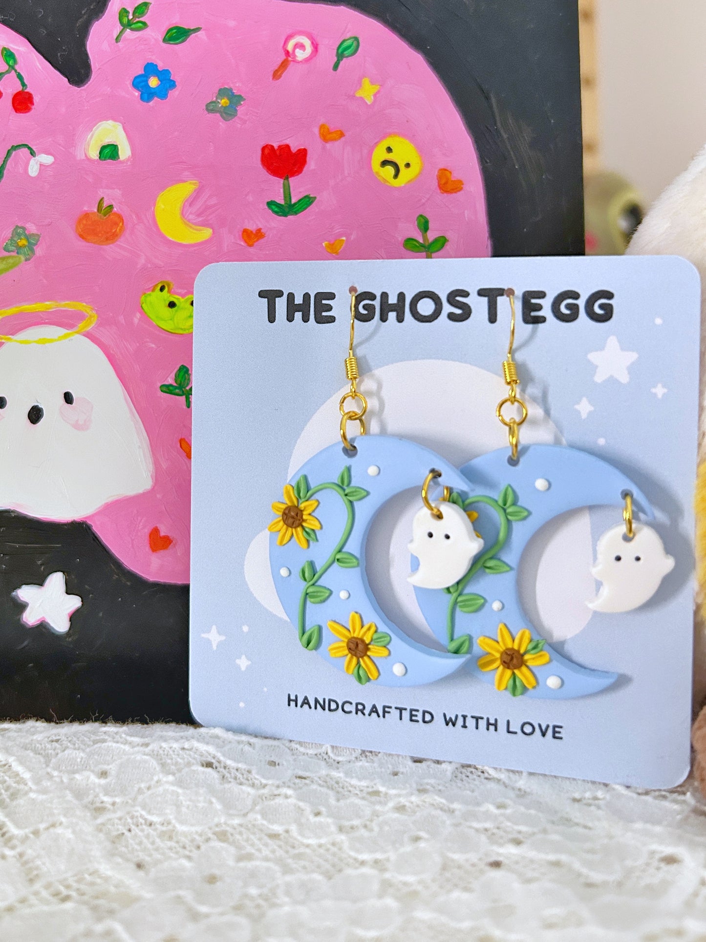 Ghost Moon Earrings - Blue Sunflower