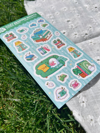 Matte Gold Foil Cozy Reading Ghosts Sticker Sheet