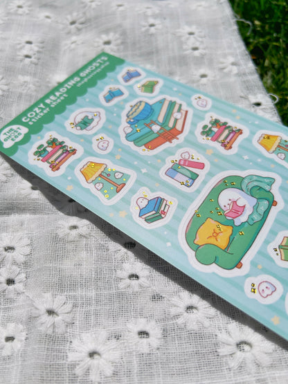 Matte Gold Foil Cozy Reading Ghosts Sticker Sheet